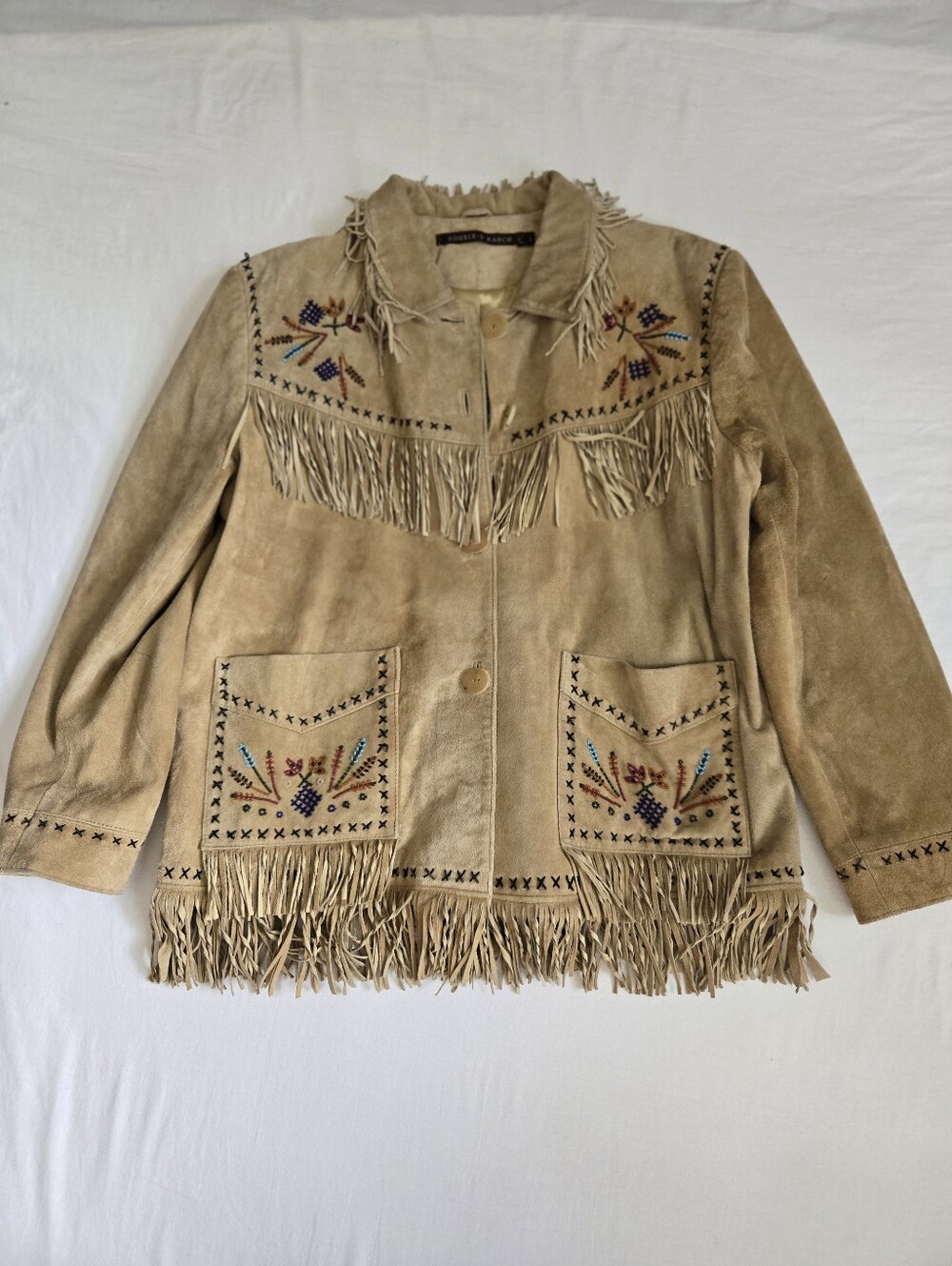 Vintage Double D Ranch Fringe Suede Leather Jacket Beaded Embroidery Western L